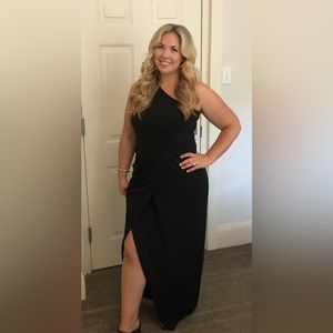 Calvin Klein one shoulder floor length black formal gown.